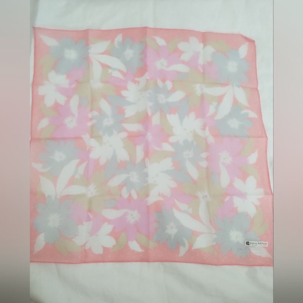 VTG 80'S PIERRE BALMAIN PINK FLORAL COTTON GRAPHIC 16" SCARF HANDKERCHIEF